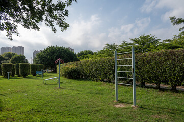 Fitness equipment on the grass in the park