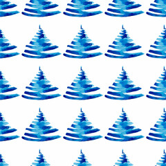 XMAS watercolor Pine Tree Seamless Pattern in Blue Color. Hand Painted fir tree background or wallpaper for Ornament, Wrapping or Christmas Gift