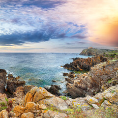 Breathtaking view of sunset  over old Capo Ferro Lighthouse.