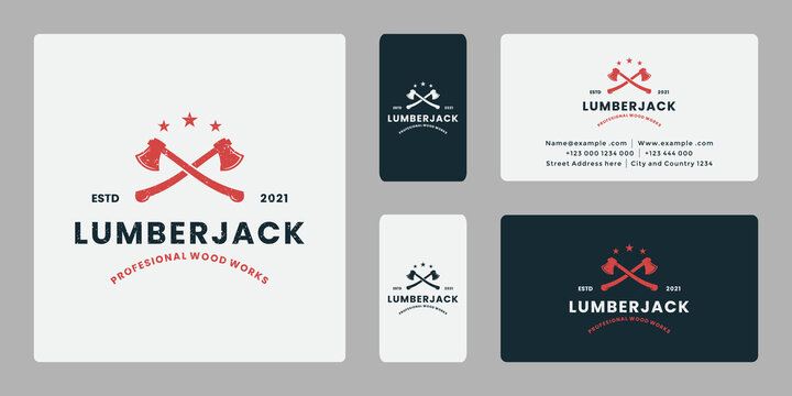 vintage lumberjack logo design ax with business card