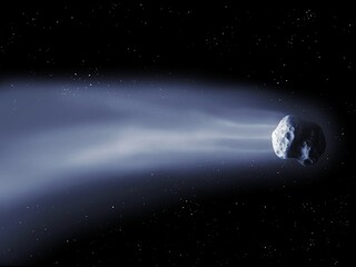 comet flies in space against the background of stars 3d rendering. © Nazarii