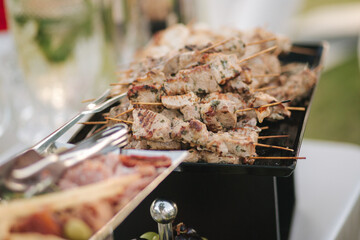 Serving small hot chicken and red fish kebabs on the buffet. Catering for a dinner party on the...