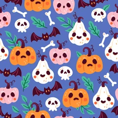Fotobehang Seamless pattern for Halloween holiday with pumpkin, skull and bat. Childish background for fabric, wrapping paper, textile, wallpaper and apparel © girafchik