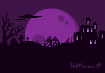 Halloween Backdrop Pumpkins In Graveyard In The Spooky Night, Cartoon Illustration, Mystical Castle Courtyard Dark Background. Vector