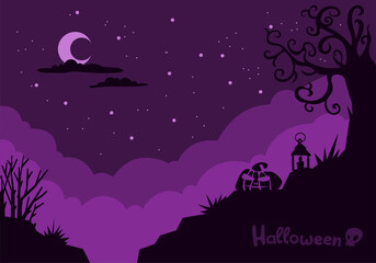 Halloween Backdrop Pumpkins In The Spooky Starlight Night, Cartoon Illustration, Mystical Dark Background. Vector