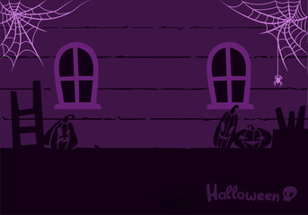 Halloween Backdrop Pumpkins In Old Attic With Cobwebs and Spiders In The Spooky Night, Cartoon Illustration, Mystical Dark Background. Vector