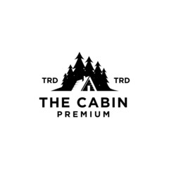 Fototapeta premium premium wooden cabin and pine forest mountain retro vector black logo design isolated white background