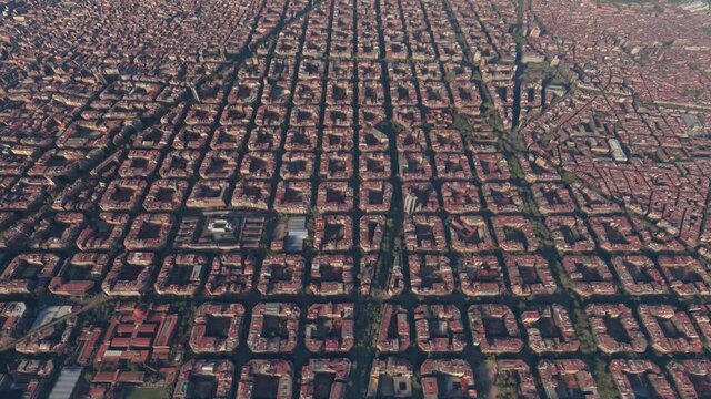 Aerial bird view of typical Barcelona apartment buildings located in city centre on coast of northeastern Spain it is capital and largest town of the autonomous community of Catalonia 4k animation