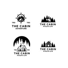 set collection premium wooden cabin and mountain pine forest retro vector black logo design isolated white background - obrazy, fototapety, plakaty