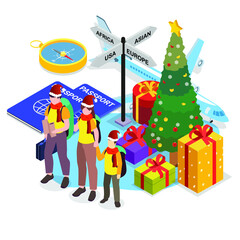 Obraz na płótnie Canvas Family christmas travel 3d isometric vector illustration concept for banner, website, landing page, ads, flyer