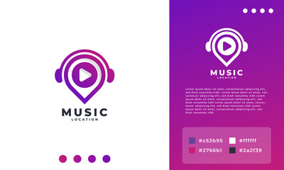 Video Play Music Spot Logo, Pin Podcast Icon Logo Design Template Element