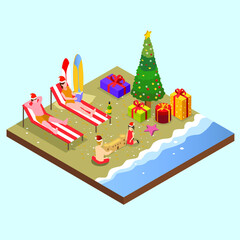 Family celebrates christmas at beach 3d isometric vector illustration concept for banner, website, landing page, ads, flyer