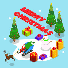 Santa claus with christmas gifts 3d isometric vector illustration concept for banner, website, landing page, ads, flyer