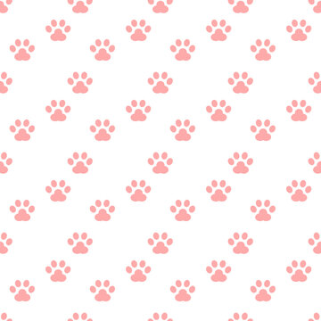 Pink cute footprint of paws cat or dog pet flat vector icon seamless pattern.