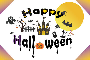 Happy Halloween、テキストデザインオブジェクト、カボチャのおばけと墓、ガイコツ、コウモリ、幽霊、不気味な木