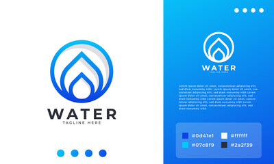 Water Drop Logo Design Template Linear style. Blue Droplet Lines Aqua Icon