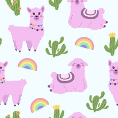 Cute llamas with cacti. Seamless pattern. Cartoon alpacas. Cacti and rainbows.