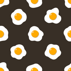 Seamless pattern with fried eggs on brown background. Vector design, flat style.