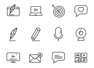 blog linear vector icons isolated on white. blogger icon set for web and ui design, mobile apps and print polygraphy and promo advertising business