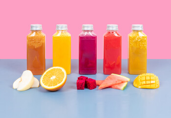 All kinds of colorful drinks made of all kinds of fruits and all kinds of healthy food