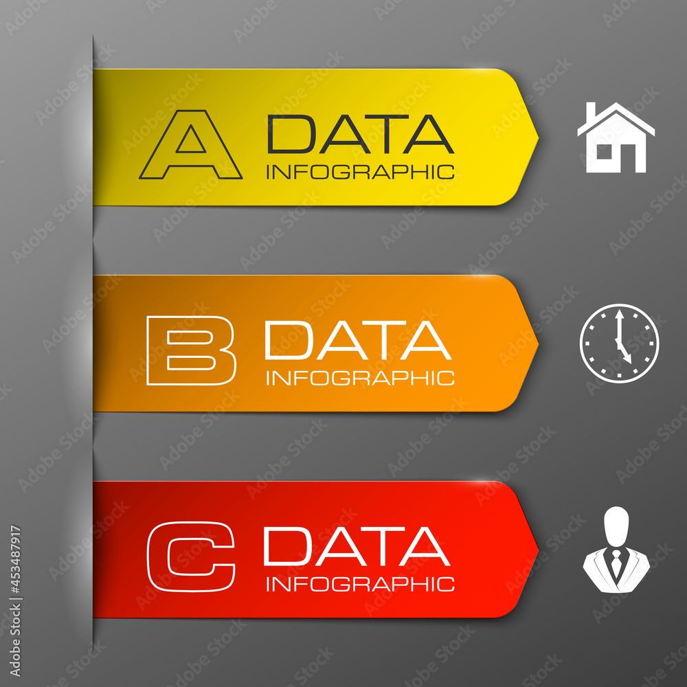 Poster Information infographic statistic vector presentation. Graphic composition for your business presentations. Three glossy Arrow for your annotations. Three color sticker for registration of proposals