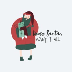 Santa Claus with gift boxes vector hand drawn cartoon character. Handwritten quote . Christmas New year template for greeting card, postcard, poster, banner, print