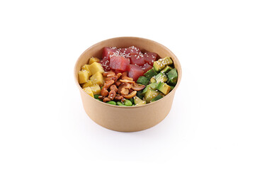 Hawaiian tuna poke bowl with avocado isolated on white background fast food healthy eating