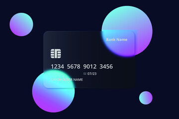 Glassmorphism style. Credit card icon. Cashless payment concept. Realistic glass morphism effect with set of transparent glass plates. Vector illustration.