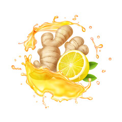 Fototapeta na wymiar Ginger root, citrus and yellow tea splash illustration. Liquid splashing ginger ale 3d vector