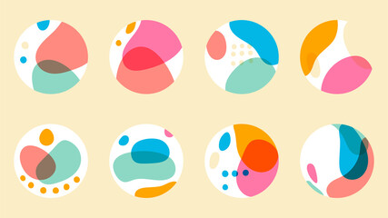 A set of eight abstract colorful logos. Design element for branding and marketing companies. Cheerful rainbow icon with circles, doodles, geometric shapes. Hand drawn vector graphics.