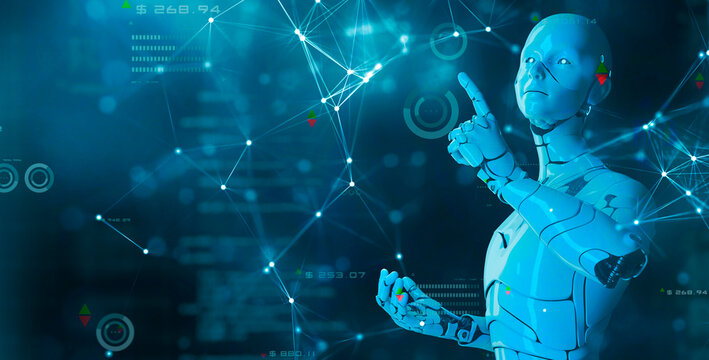 Digital marketing concept, future smart world technology metaverse futuristic 3D robot abstract cyber background. Modern big data business digital marketing strategy internet technology