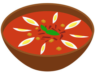 Salmorejo cold spanish soup made of pureed tomatoes and bread decorated with chopped boiled egg in brown bowl. Vector illustration.