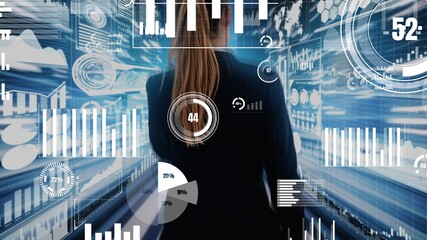 Big Data Technology for Business Finance Analytic conceptual . Modern graphic interface shows massive information of business sale report, profit chart and stock market trends analysis .