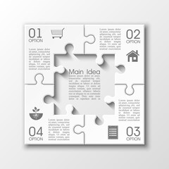 Four sided 3d puzzle presentation. Abstract puzzle infographic template with explanatory text field for business statistics. Vector four pieces puzzles illustration