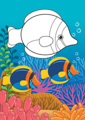 Fish in the water. This picture can be for kindergarten and primary school. Children can also color the blue tang fish in the picture

