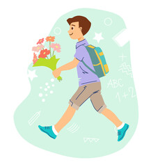 Schoolboy boy runs to school. He is holding a bouquet of red flowers. The boy is happy to go to school. Hand drawn flat style. Cartoon. Colourful vector illustration.