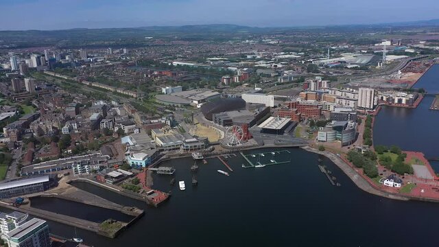 Aerial over Cardiff Bay, Pierhead building and Welsh Assembley (Seneddd) Wales, United Kingdom