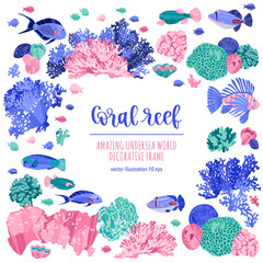 Sea decorative frame with tropical fishes and corals.