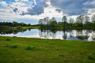 trees reflected in the water, a quiet day on the Narew River, Lomza, Podlasie, Poland