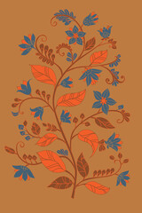 abstract tree with blue flowers and orange leaves for your desig