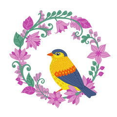 graceful floral wreath with yellow lovely bird with blue wings f