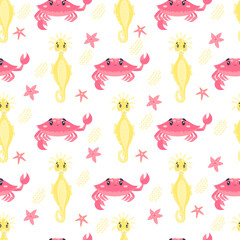 seamless pattern cartoon cute crab waving hello, yellow seahorse, pink starfish, waves, lines. underwater world.