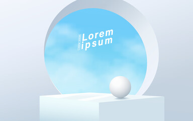 Abstract 3D white podium with blue sky background. Modern vector rendering geometric platform for product display presentation.