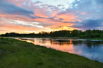 Lower Narew Valley, sunset on the Narew River, Łomża, Poland