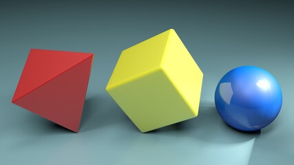 3D Geometrical objects in line - 3D rendering illustration