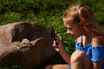 little kids look at hedgehog using magnifier