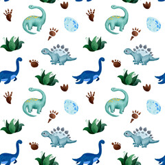 Kids seamless pattern with palm tree and dinosaur footprints. Cute children background. Kids print for fabric and textile. Nursery wallpaper