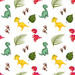 Kids seamless pattern with palm tree and dinosaur footprints. Cute children background. Kids print for fabric and textile. Nursery wallpaper