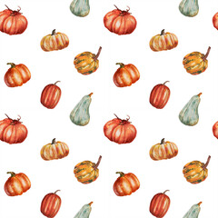 Watercolor seamless pattern with autumn foliage, pumpkins and autumn leaves. Fall pattern. Retro autumn print for textile and fabric. Pumpkins pattern for home and kitchen. Watercolor autumn motif