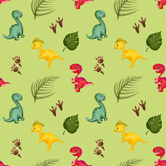 Kids seamless pattern with palm tree and dinosaur footprints. Cute children background. Kids print for fabric and textile. Nursery wallpaper